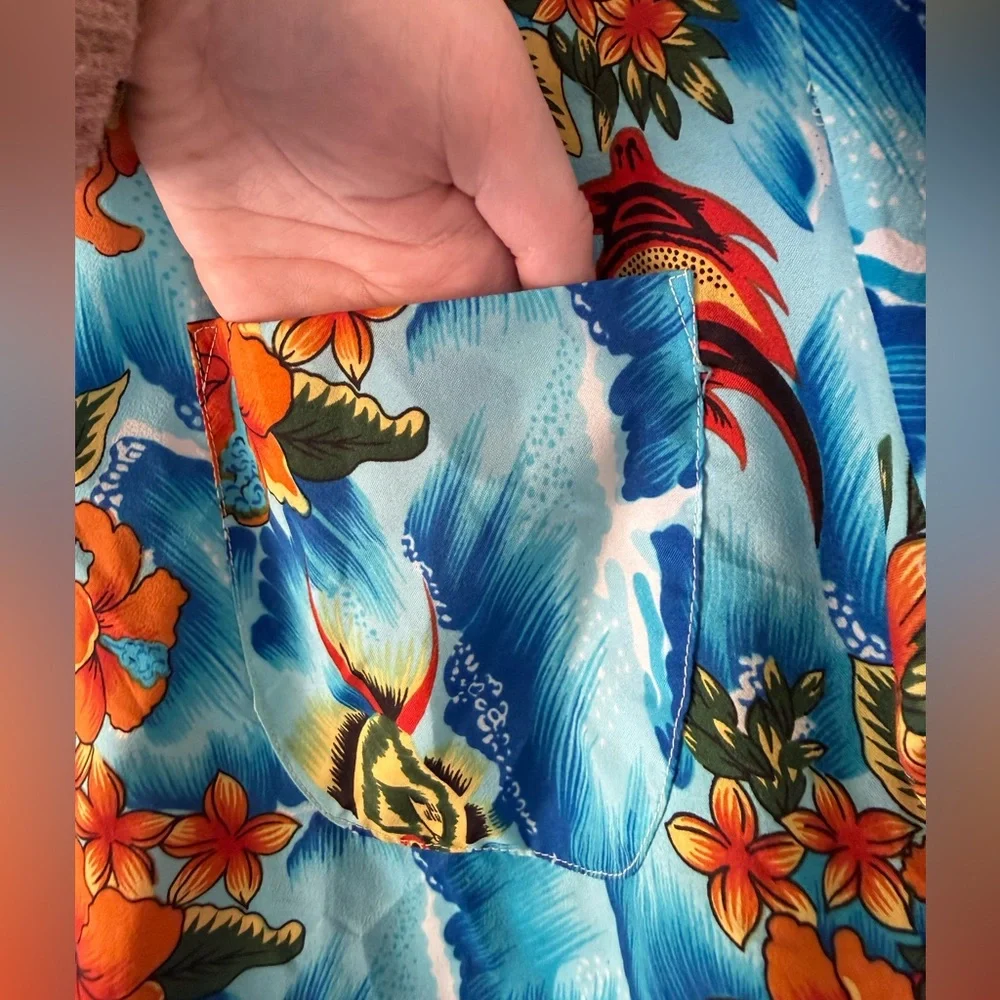 Vintage 70s Authentic Hawaiian Luau Shirt Mens M Hibiscus Floral Ocean Blue - Picture 8 of 15